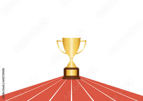 Golden Trophy in Running Track or Athlete Track. Champion and Winning Concept. Vector Illustration.