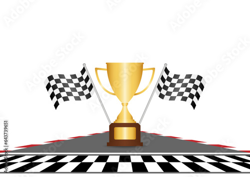 Golden Trophy Cup or Racing Champion Cup  with Checkered Flag in Racing Track. Champion and Winning or Celebration Concept. Vector Illustration.