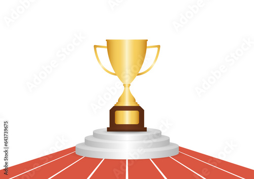 Golden Trophy in Running Track or Athlete Track. Champion and Winning Concept. Vector Illustration.