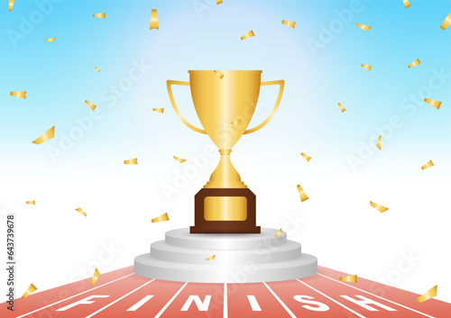Golden Trophy in Running Track or Athlete Track with Start or Finish line. Champion and Winning Concept. Vector Illustration.