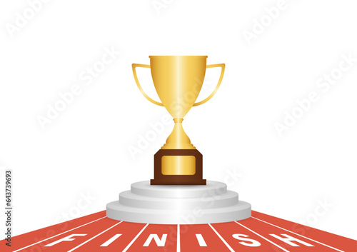 Golden Trophy in Running Track or Athlete Track with Start or Finish line. Champion and Winning Concept. Vector Illustration.