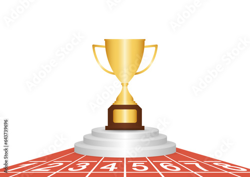 Golden Trophy in Running Track or Athlete Track. Champion and Winning Concept. Vector Illustration.