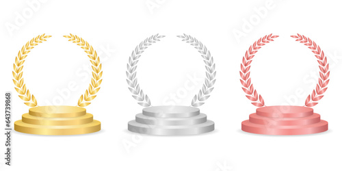 Stage Podium with Gold, Silver and Bronze Laurel Wreath. Winner Podium. Champion and Winning or Celebration Concept. Vector Illustration.