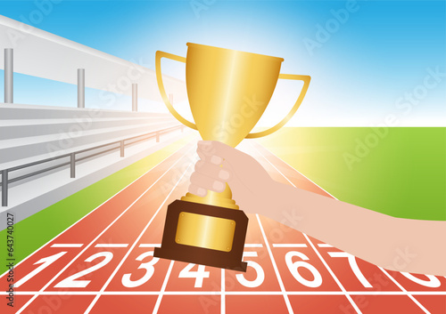 Hand Holding Golden Trophy in Running Track or Athlete Track. Champion and Winning Concept. Vector Illustration.