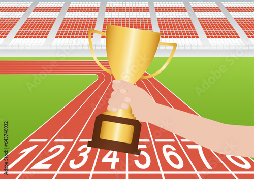 Hand Holding Golden Trophy in Running Track or Athlete Track. Champion and Winning Concept. Vector Illustration.