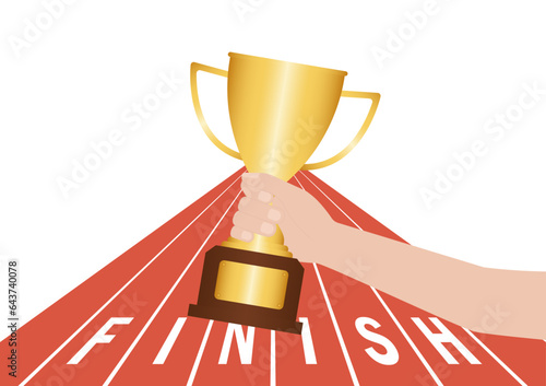 Hand Holding Golden Trophy in Running Track or Athlete Track. Champion and Winning Concept. Vector Illustration.