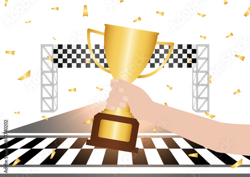 Hand Holding Golden Trophy in Racing Track. Go-kart track. Race track road. Vector Illustration. Champion and Winning Concept. Vector Illustration.