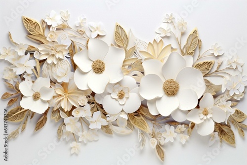 Stylish floral card adorned with delicate white flowers and intricate gold accents. Generative AI