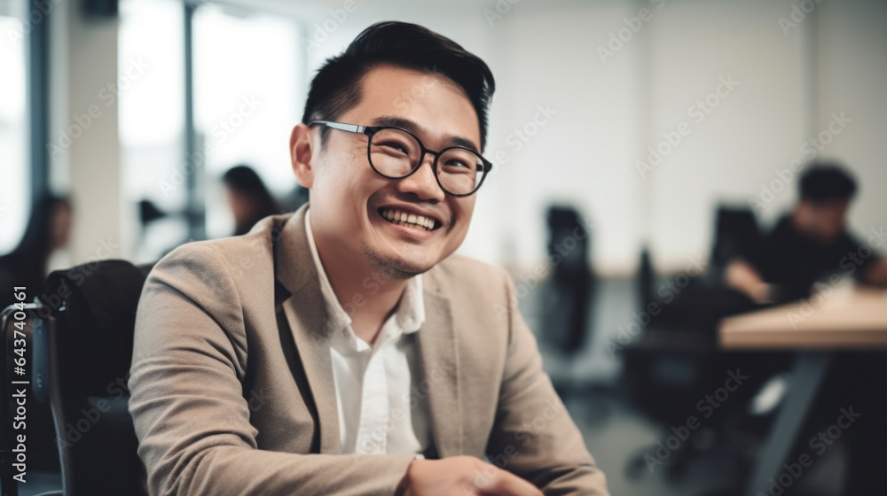 Obraz premium Happy Asian man shares workspace with colleagues. Generative AI