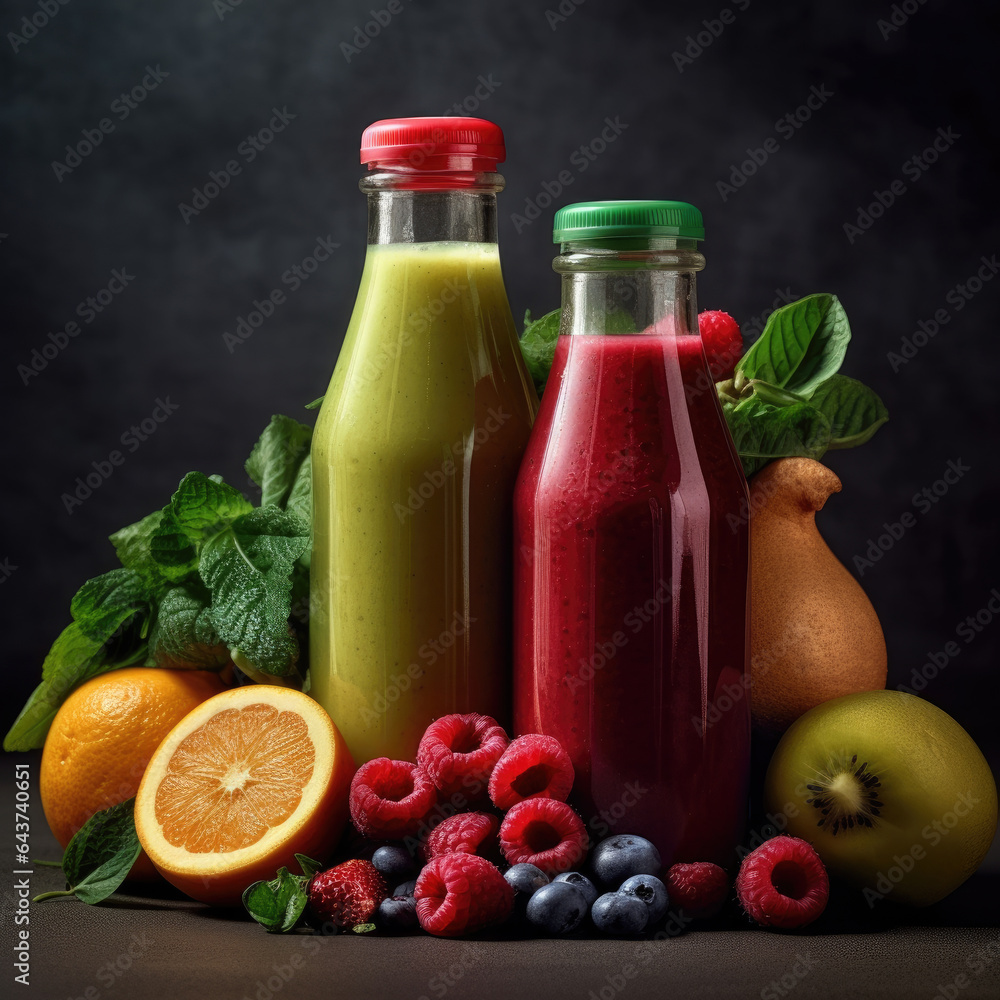 juices in bootle with fresh fruit and wegetable background juices in bootle with fresh fruit and wegetable background