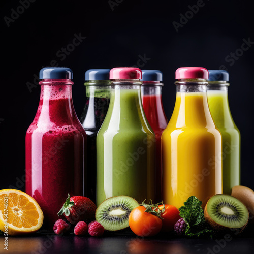  juices in bootle with  fresh fruit and wegetable  background photo