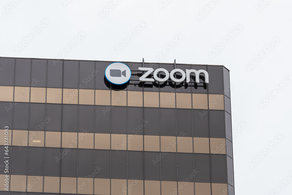 Close up of Zoom logo and sign at the headquarters in San Jose