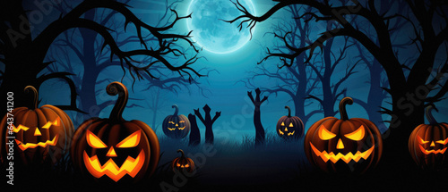Halloween spooky background  scary jack o lantern pumpkins in creepy dark forest with bats  spooky trees  moon and old house Happy Haloween ghosts horror gothic mysterious night moonlight backdrop.