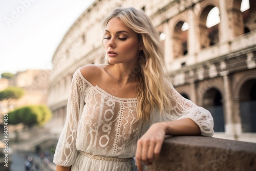 Lifestyle portrait photography of a tender girl in his 20s wearing an intricate lace top against the colosseum in rome italy. With generative AI technology © Markus Schröder