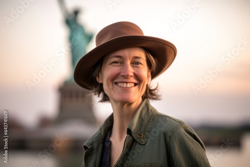 Lifestyle portrait photography of a happy girl in her 40s wearing a charming cloche hat in front of the statue of liberty in new york usa. With generative AI technology