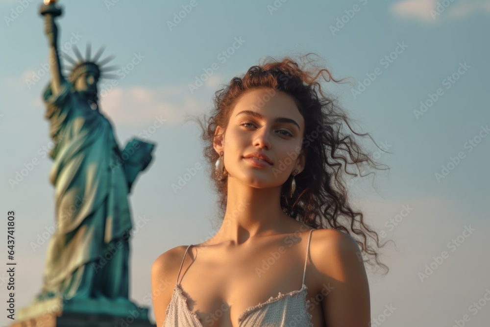 Photography in the style of pensive portraiture of a cheerful girl in his 20s wearing a lace bralette in front of the statue of liberty in new york usa. With generative AI technology