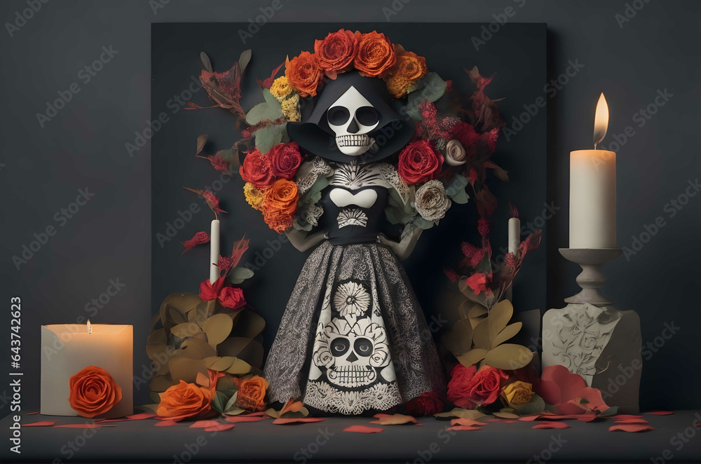 day of the dead altar with catrina paper art style ai generated background