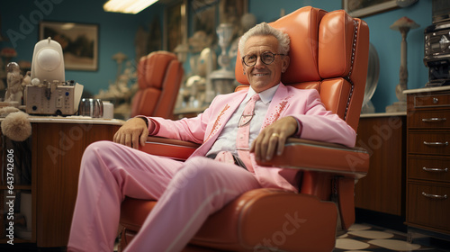 Radiant Elegance: Smiling Older Man in Pink Suit 