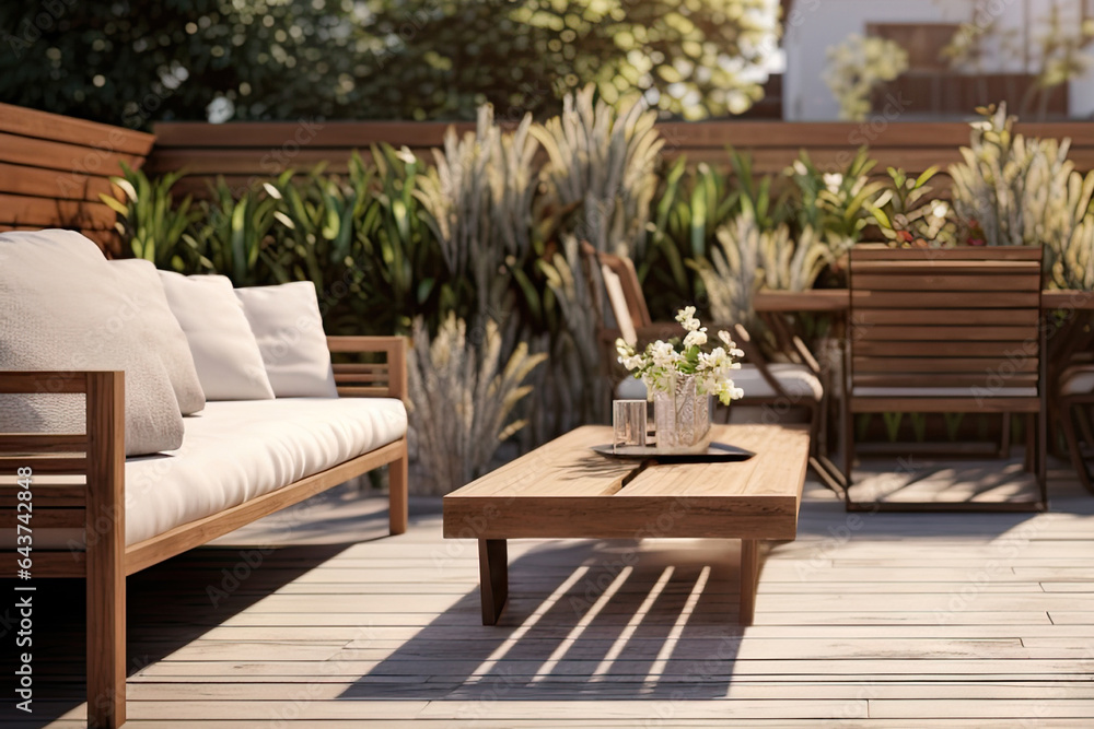 Modern terrace with wood deck flooring and fence, green potted flowers plants and outdoors furniture. Beautiful cozy relaxing area at home. Sunny stylish balcony terrace in the city