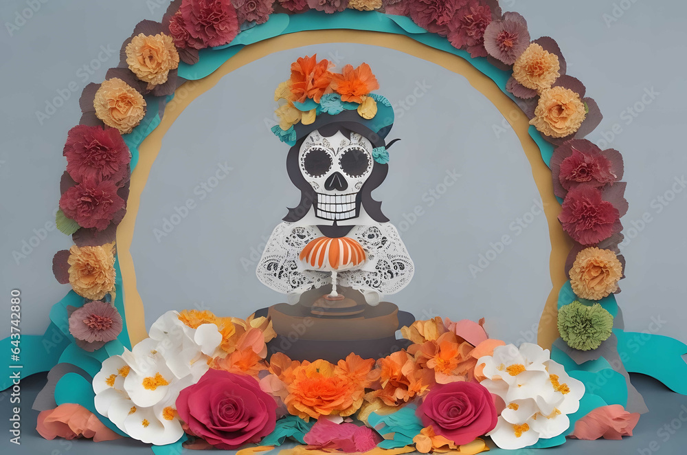 day of the dead colorful altar paper art style ai generated backrground