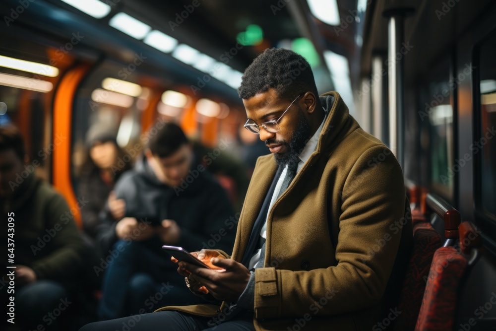 Man using mobile phone in the metro. He is commuting to work. Created with AI Man using mobile phone in the metro. He is commuting to work. Created with AI