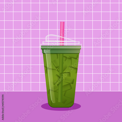 Ice matcha tea on purple background. Vector illustration of cold green tea with ice cubes. Summer refreshing beverage in plastic cup to go.