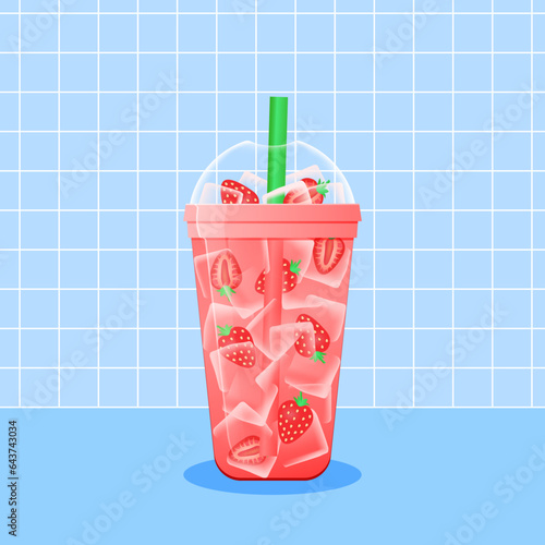 Strawberry lemonade on blue background. Vector illustration of soft drink with ice cubes. Summer refreshing beverage in plastic cup to go.