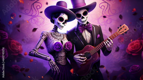 3d illustration of a couple in love with roses and a guitar, Mexican Day of the Dead, skull 1