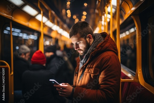 Man using mobile phone in the metro. He is commuting to work. Created with AI