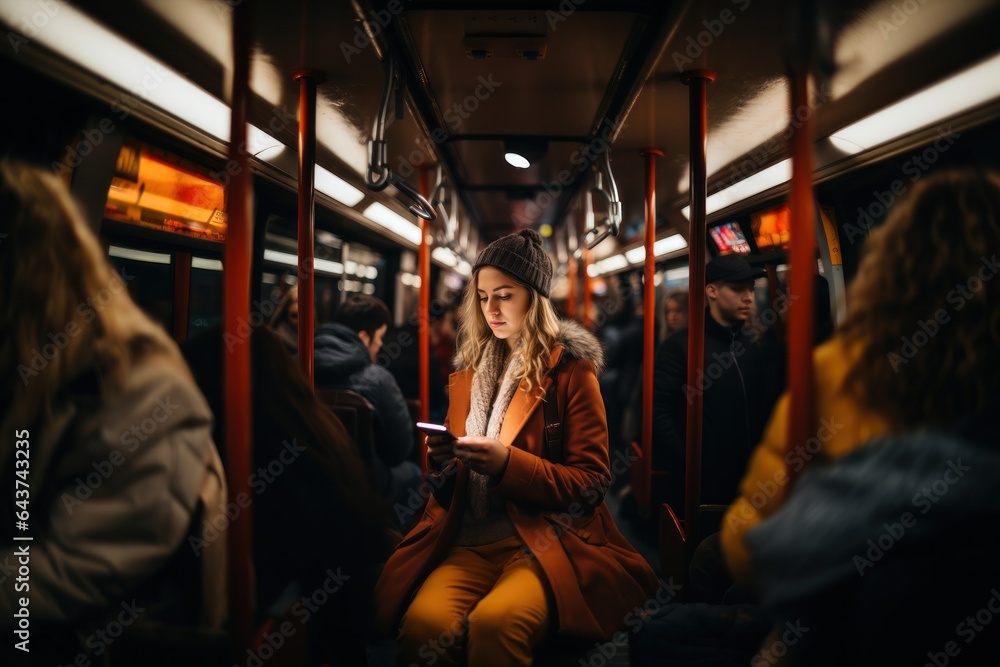Woman using mobile phone in the metro while commuting to work. Created with AI Woman using mobile phone in the metro while commuting to work. Created with AI