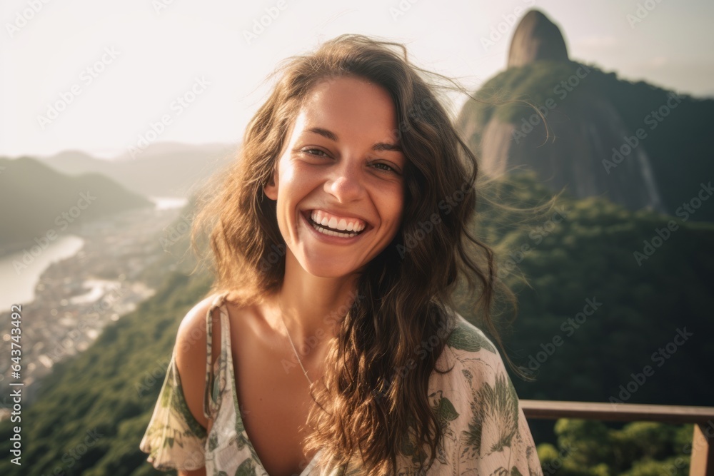 Close-up portrait photography of a grinning girl in his 30s wearing a trendy off-shoulder blouse near the christ the redeemer in rio de janeiro brazil. With generative AI technology Close-up portrait photography of a grinning girl in his 30s wearing a trendy off-shoulder blouse near the christ the redeemer in rio de janeiro brazil. With generative AI technology