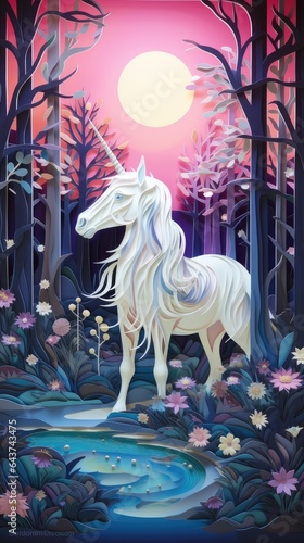 Unicorn in Moonlight Paper Cut Phone Wallpaper Background Illustration