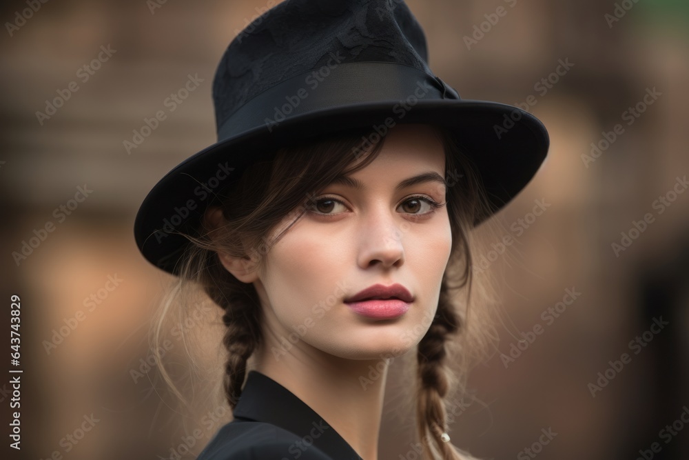 Close-up portrait photography of a glad girl in her 30s wearing a formal top hat at the angkor wat in siem reap cambodia. With generative AI technology Close-up portrait photography of a glad girl in her 30s wearing a formal top hat at the angkor wat in siem reap cambodia. With generative AI technology