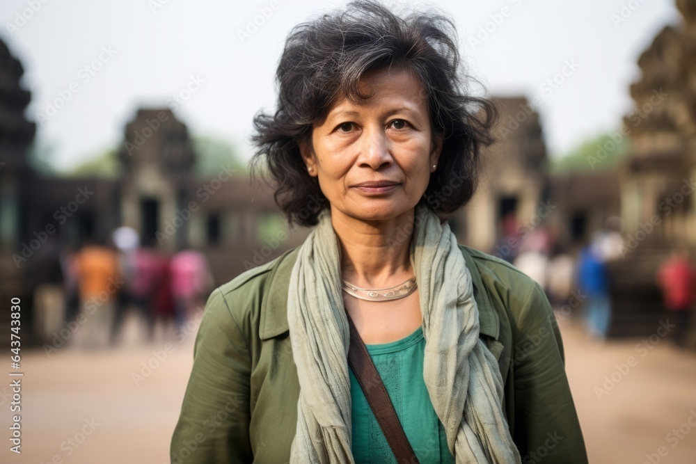 Fototapeta premium Close-up portrait photography of a merry mature woman wearing a stylish blazer at the angkor wat in siem reap cambodia. With generative AI technology
