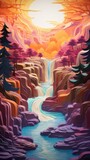 Mountain Stream Cascading Waterfall Landscape Paper Cut Phone Wallpaper Background Illustration