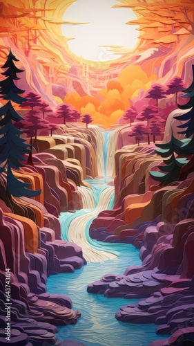 Mountain Stream Cascading Waterfall Landscape Paper Cut Phone Wallpaper Background Illustration © DigitalFury