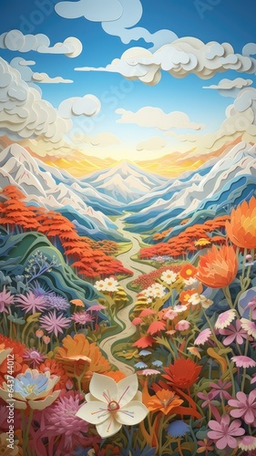Spring Mountain Wildflowers Paper Cut Phone Wallpaper Background Illustration © DigitalFury