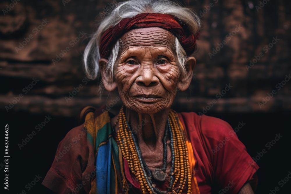 Fototapeta premium Environmental portrait photography of a tender old woman wearing a dramatic choker necklace at the angkor wat in siem reap cambodia. With generative AI technology