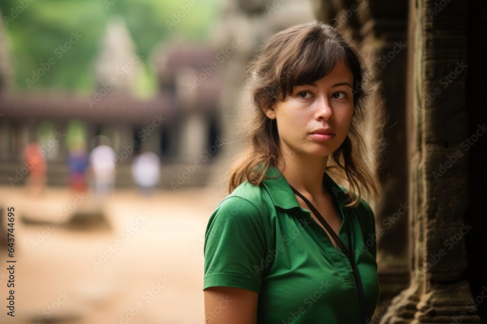 Environmental portrait photography of a tender girl in her 20s wearing a sporty polo shirt at the angkor wat in siem reap cambodia. With generative AI technology Environmental portrait photography of a tender girl in her 20s wearing a sporty polo shirt at the angkor wat in siem reap cambodia. With generative AI technology