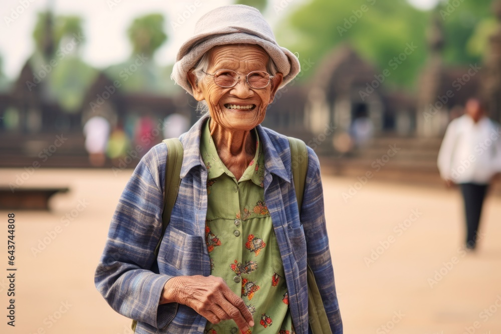 Naklejka premium Medium shot portrait photography of a happy old woman wearing a trendy bomber jacket at the angkor wat in siem reap cambodia. With generative AI technology