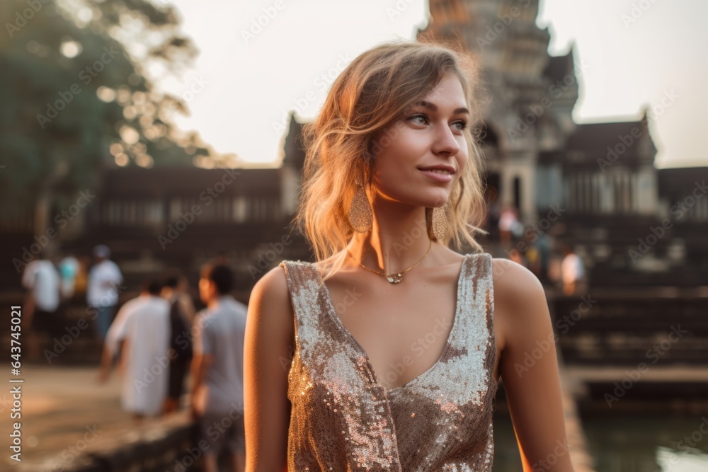 Naklejka premium Lifestyle portrait photography of a blissful girl in his 20s wearing a glamorous sequin top at the angkor wat in siem reap cambodia. With generative AI technology