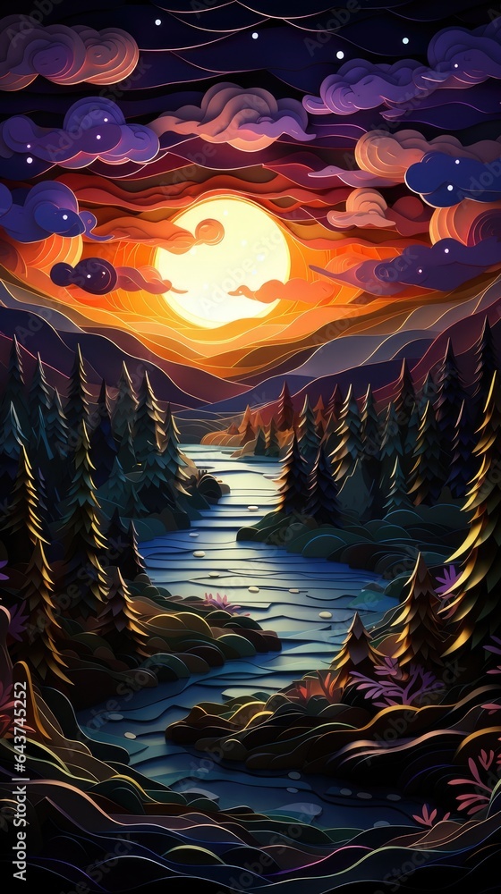 Obraz premium Camping in the Woods Sunset Paper Cut Phone Wallpaper Background Illustration