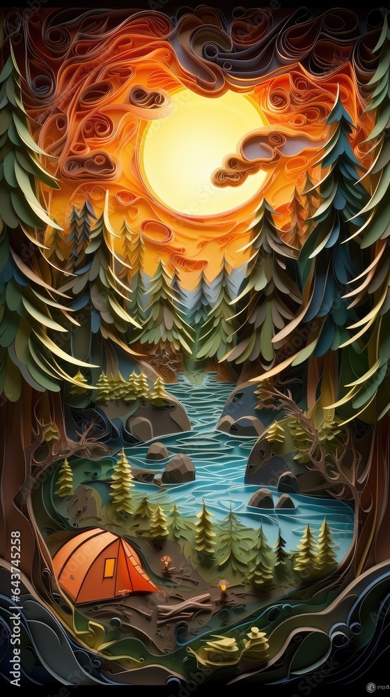Fototapeta premium Camping in the Woods Sunset Paper Cut Phone Wallpaper Background Illustration