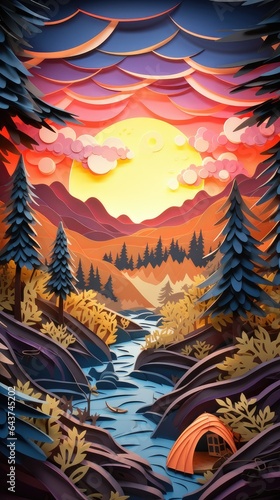 Camping in the Woods Sunset Paper Cut Phone Wallpaper Background Illustration