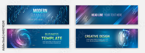 Modern hi-tech design for websites and social networks. Technology, medicine, science, engineering, artificial intelligence. High-tech computers concept. Futuristic banner template set.