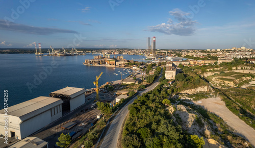 Panoramic aerial view of the bay and the town of Pula on the Istrian peninsula, Croatia