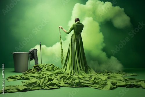 Depiction of fashion companies misleading consumers with false eco claims through greenwashing; illustration shows clothes being painted green with a green wash paintbrush. Generative AI photo