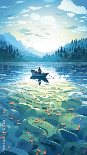 Fisherman on the Lake Paper Cut Phone Wallpaper Background Illustration