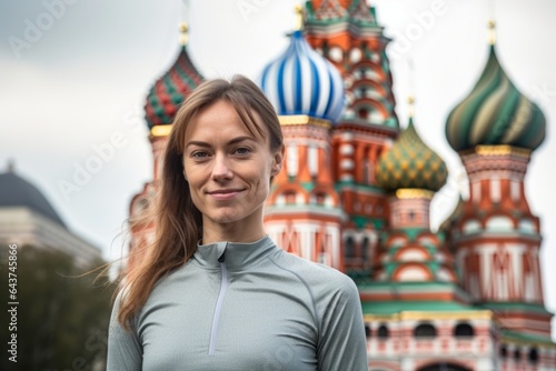 Photography in the style of pensive portraiture of a grinning girl in her 40s wearing a technical climbing shirt in front of the saint basils cathedral in moscow russia. With generative AI technology photo