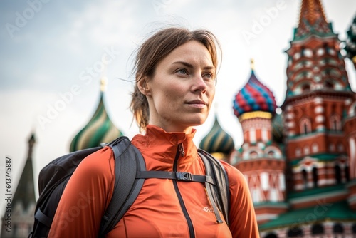 Photography in the style of pensive portraiture of a grinning girl in her 40s wearing a technical climbing shirt in front of the saint basils cathedral in moscow russia. With generative AI technology photo